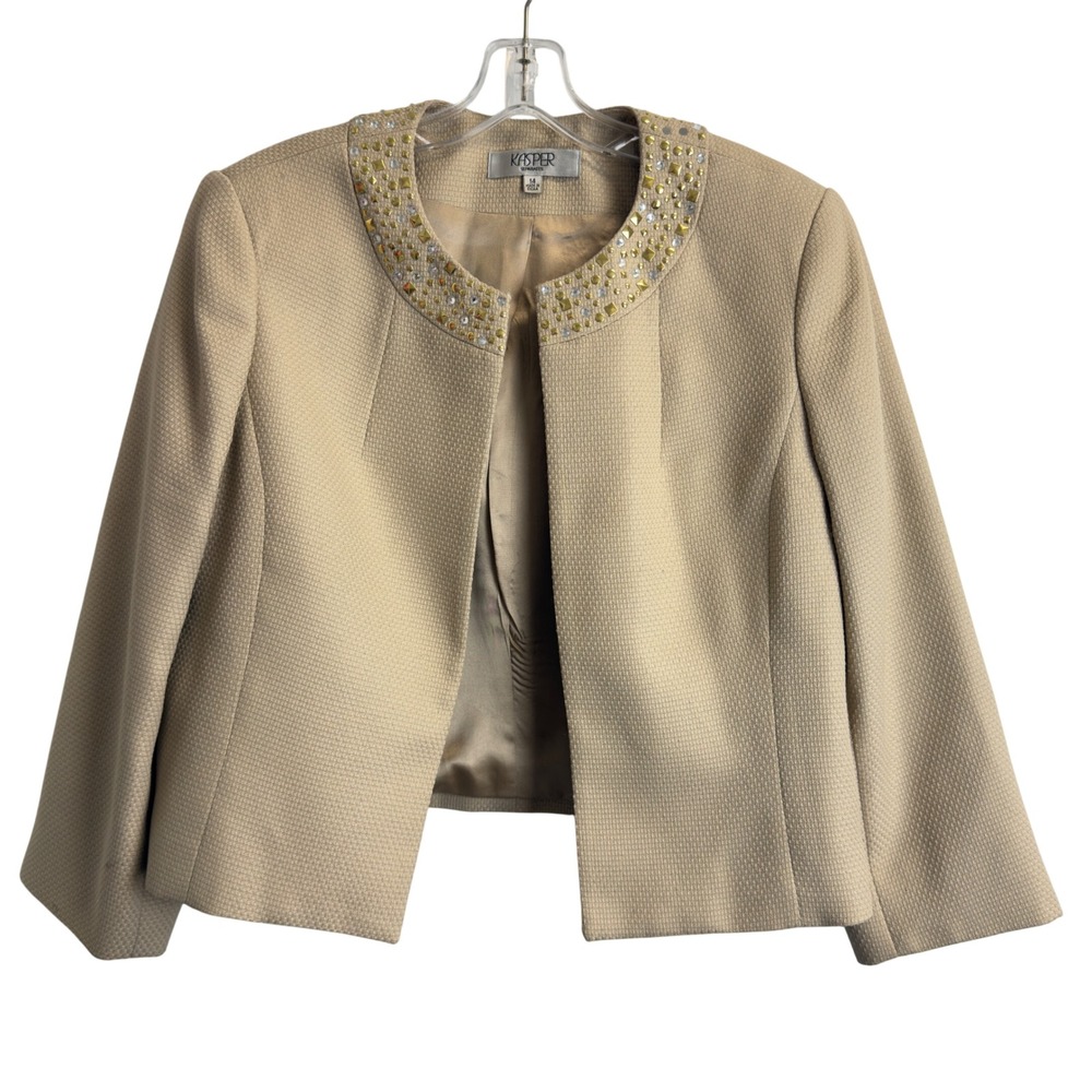 Kasper Separates Womens Tan Studded‎ Rhinestone Embellished Open Front Blazer 14